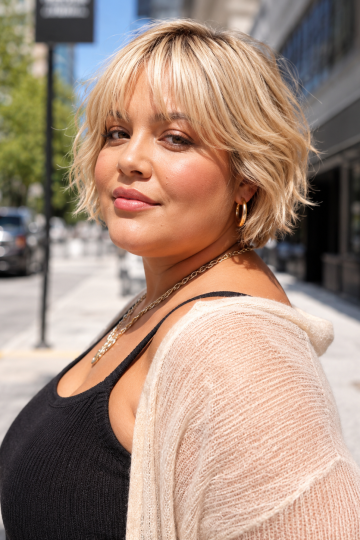 Champagne Blonde French Bob With Wispy Fringe