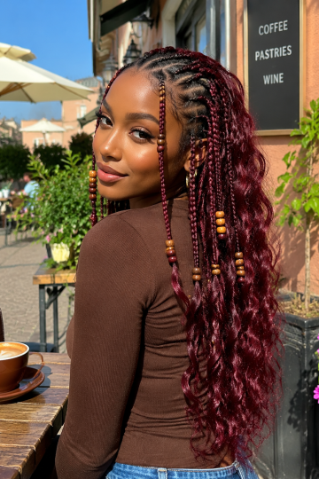 Burgundy Fulani Braids with Wavy Ends