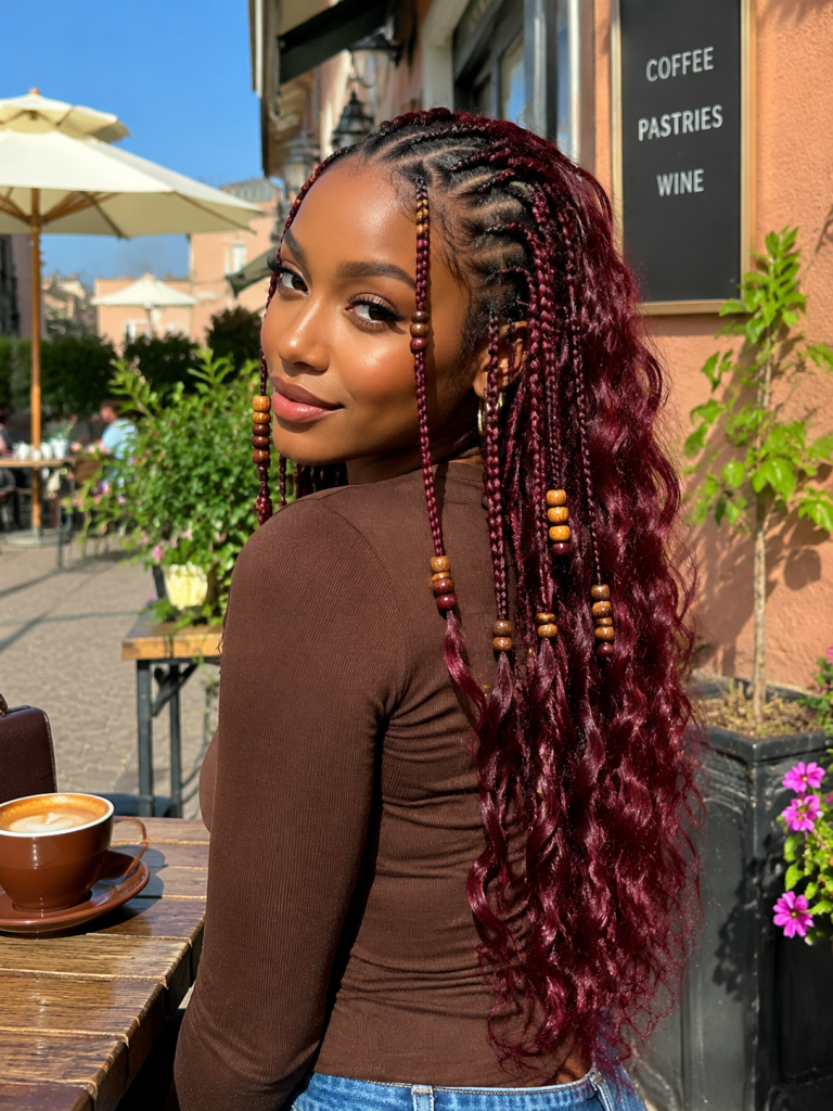 Burgundy Fulani Braids with Wavy Ends