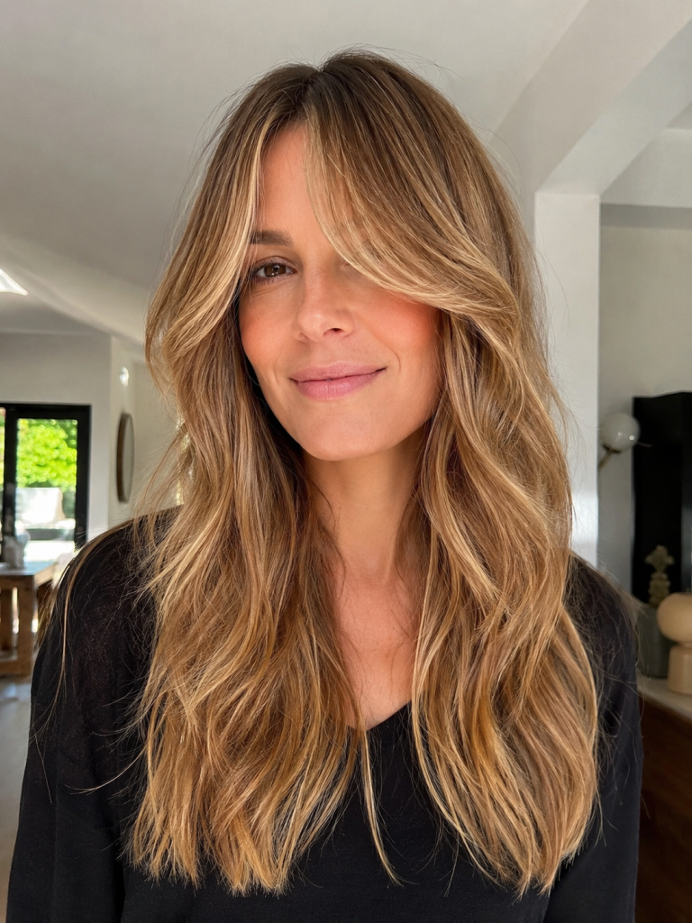 Long Layered Honey Blonde with Curtain Bangs