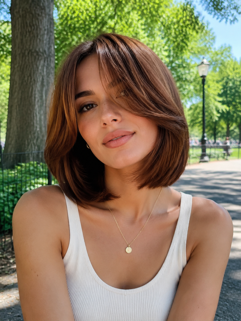 Mid-Length Cut with Chin-Length Curtain Bangs