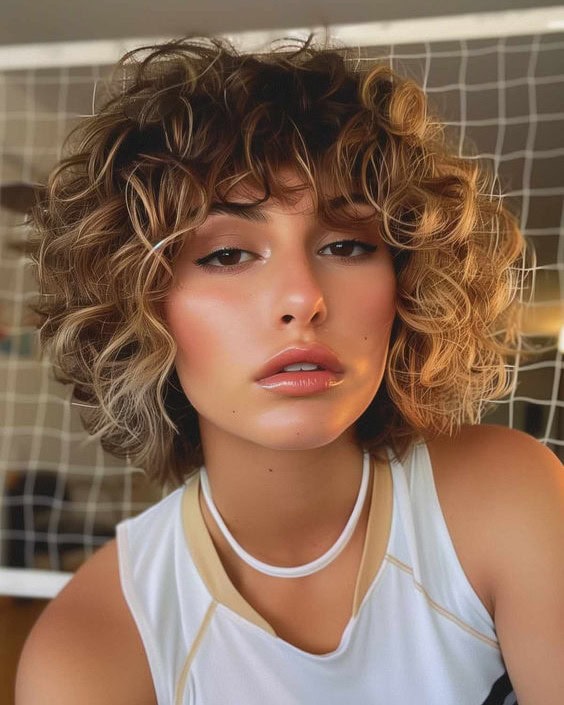 Tousled Curly Bob with Highlighted Fringe